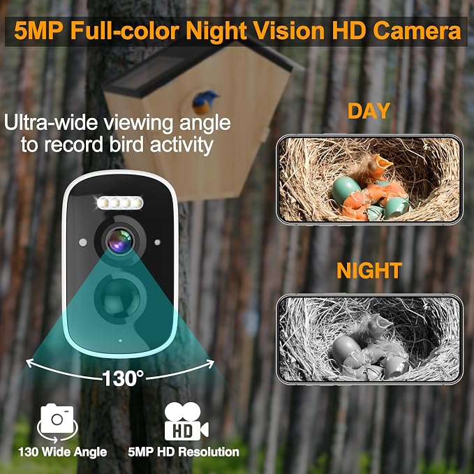 Smart Bird House with Camera Solar Powered,Bird Nesting Box Watching Wireless Camera for Bluebird,5MP Full Color IR Night Vision,2.4G WiFi APP Controlled Auto Notification,Ideal Gift for Bird Lovers