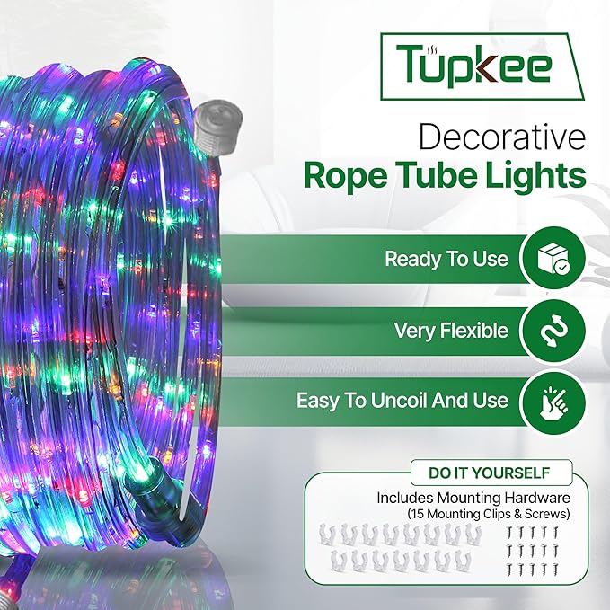Tupkee LED Rope Light Multi-Color - for Indoor and Outdoor use, 24 Feet (7.3 m) - 10MM Diameter - 144 LED Long Life Bulbs Rope Tube Lights