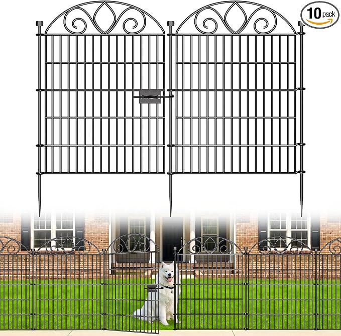 10 Panels No Dig Tall Garden Fence with Gate – 34" H X 22' L Rustproof Metal Dog Fences Outdoor for Yard, Decorative Animal Barrier Fence for Pet, Garden Border, Patio, Flower | Temporary Fencing