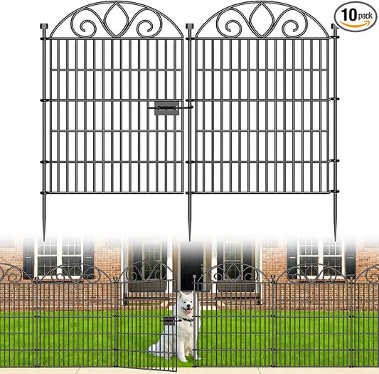 10 Panels No Dig Tall Garden Fence with Gate – 34" H X 22' L Rustproof Metal Dog Fences Outdoor for Yard, Decorative Animal Barrier Fence for Pet, Garden Border, Patio, Flower | Temporary Fencing