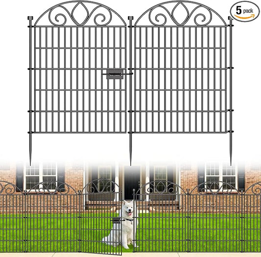 No-Dig Garden Fence with Gate, 5 Panels 34" H x 11' L, Tall Rustproof Metal Dog Fence Outdoor for Yard to Keep Dogs Out, Temporary Pet Barrier for RV, Patio & Flower Beds