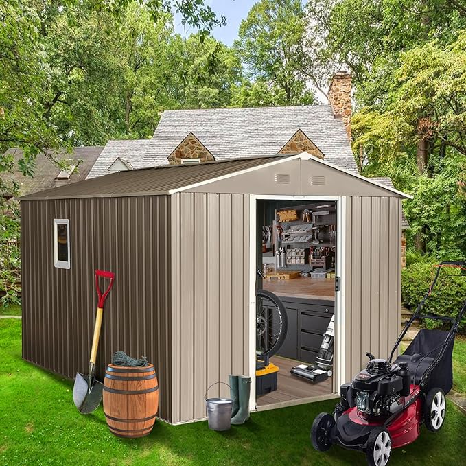KEIKI 8x10 FT Outdoor Metal Storage Shed with Peaked Roof,Vents,Window and Metal Foundation for Garden Yard