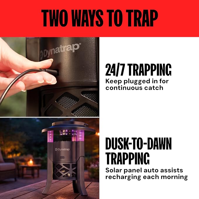 Dynatrap Outdoor Bug Trap, Tungsten 1/4 Acre Mosquito, Fly, Gnat, Moth Trap | UV LED Light, Chemical-Free Bug Zapper Alternative, Rechargeable, Portable Flying Insect Catcher with Cordless Capability