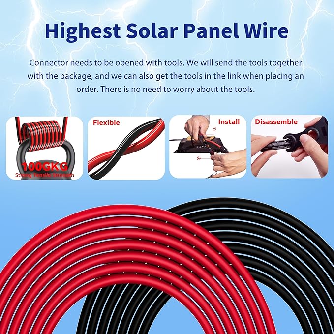 Solar Extension Cable 10 Gauge Solar Panels Wire 20Ft 10AWG (6mm²) PV Wire SJZSUNRUN Tinned Copper Wire with 2 Pairs Solar Connectors for Outdoor Automotive, Marine, (20Ft Black& 20Ft Red)