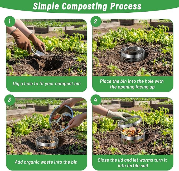 Underground Worm Composting Bin, Metal Compost Bin for Recycling Kitchen Food Waste, Outdoor Worm Compost Bin with Holes and Lid Use in Outdoor Garden Vegetable Patch Backyard (Silvery 4pcs)