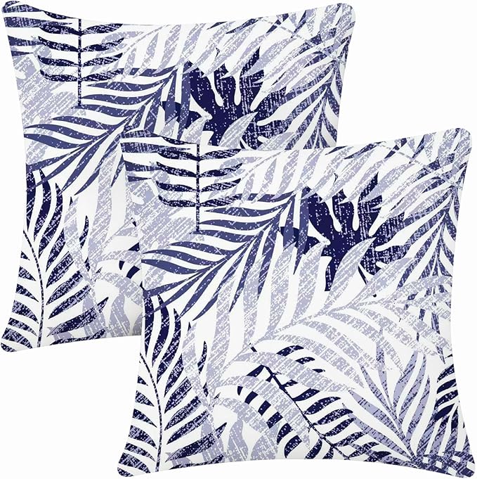Allorry Outdoor Pillow Covers 18x18 Set of 2 Hawaii Tropics Palm Leaves Navy Blue Floral Pattern Decoration Pillow Covers for Spring Summer Outdoor Waterproof Garden Patio Sofa Bed Decor JB010-F18