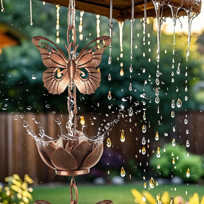 8.8ft Rain Chain for Gutters Downspouts Outside,Butterfly Rain Chain Cups with 12 Copper Chain Adjustable Lotus Rain Catcher Chain Functional and Decorative Replacement for Gutter Downspouts