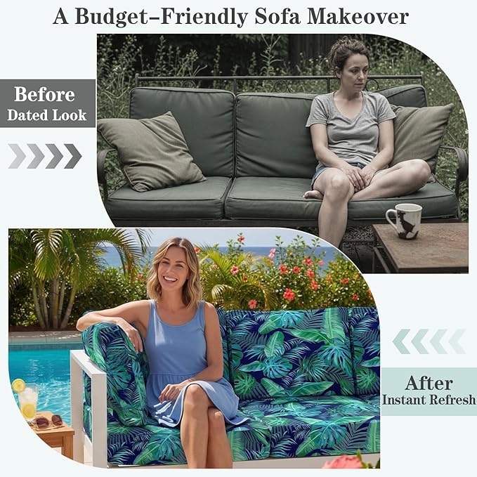 8 Pack Outdoor Cushion Covers Water Resistant High Stretch Fit Patio Cushion Covers 180g Couch Seat Slipcovers Machine Washable Pet & Kids Friendly Home Refresh 20-27 Inch, Palm Leaves