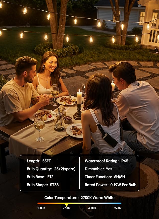 Minetom 55FT Outdoor String Lights with Remote, 25+2 Shatterproof ST38 LED Bulbs, Waterproof Patio Lights with 3 Modes, Dimmable & Connectable 2700K Hanging Lights for Backyard Porch Deck Balcony