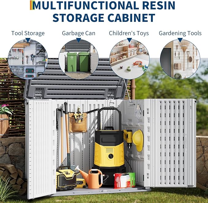 GarveeLife Outdoor Resin Storage Cabinet, 34 Cu ft Outdoor Trash Can Storage Shed Waterproof, Outdoor Resin Storage Box for Patio Tools, Sofa Cushion, Lawn Mower and Garbage Cans