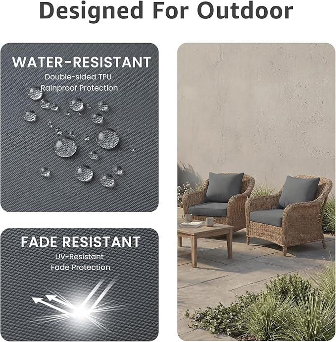 PatioGlow Outdoor Seat Cushion Set, 22" x 22" x 3.5", Set of 2, Water-Resistant & Fadeness Patio Furniture Cushions with Removable Cover & Ties, Thick Deep Seating Pads for Outside Sofa Couch, Grey