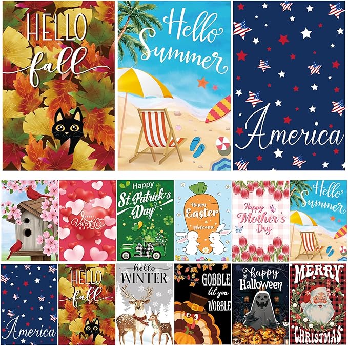 Seasonal Garden Flags Set of 12 Double Sided 12x18 Inch Yard Flags, Small Garden Flags for Outside Featuring Christmas Halloween Fall Winter Spring Easter for Outdoor Garden Holiday Decor All Seasons
