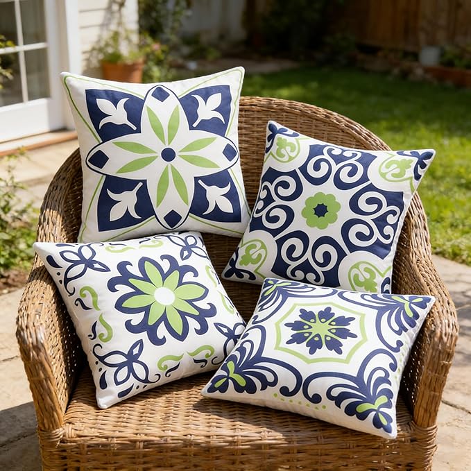 Pyonic Outdoor Pillow Covers 16x16 Set of 4,Spring Summer Foral Garden Waterproof Throw Pillow Covers Cushion Covers for Patio Couch Tent,Navy Blue