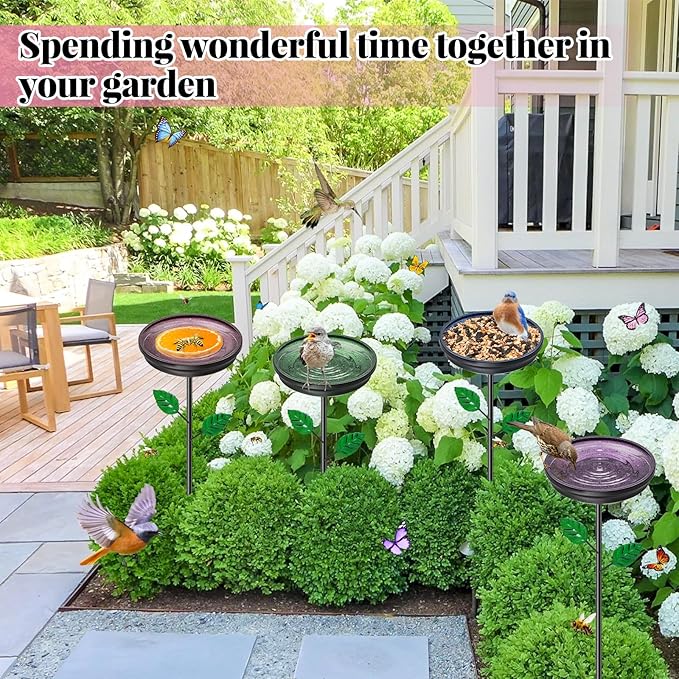 4PCS Hummingbird Bird Bath for Outside, Freestanding Metal Flower BirdBaths Bowl with Stake, Detachable Birdfeeder for Outdoor Yard Lawn Garden Decor (4PCS-Blue-Green-Brown-Purple)