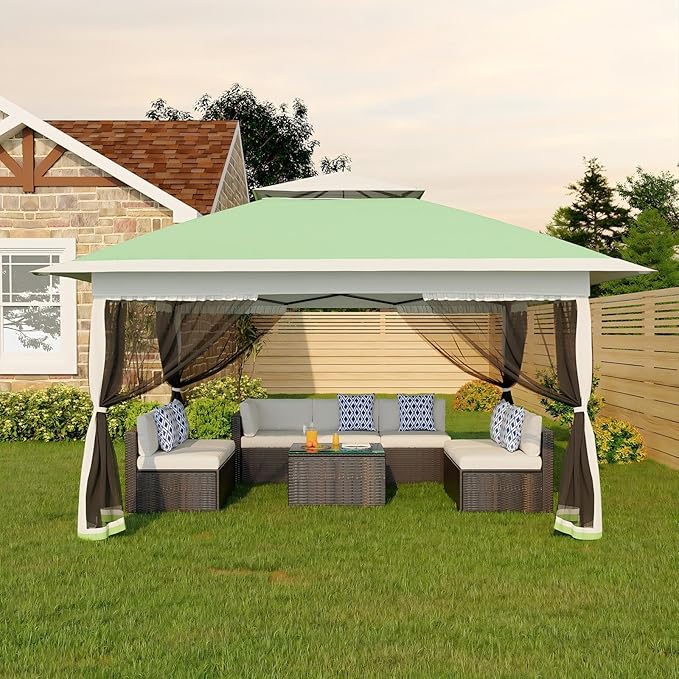 GarveeLife Canopy Tent 13x13 ft, Pop Up Gazebo One-Push Setup with 4 SandBags for Backyard Parties and BBQs, Mosquito Netting & Height Adjustable - Olive Green