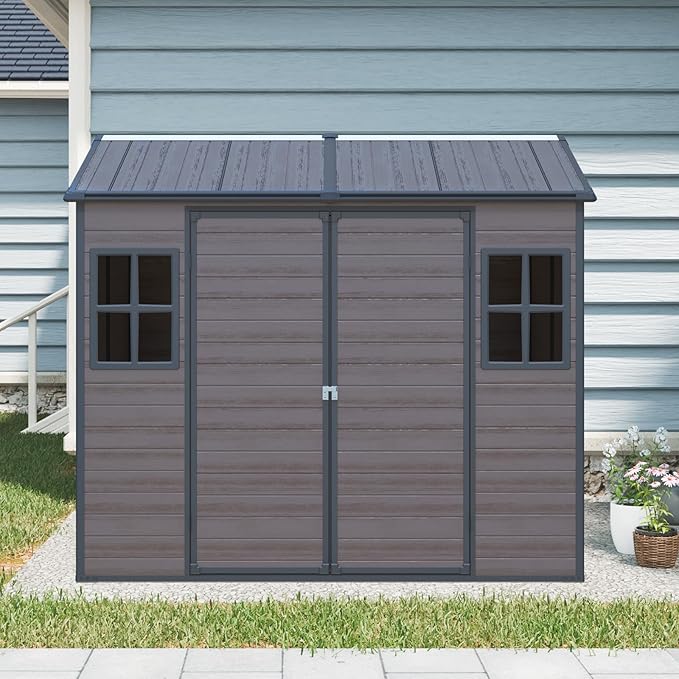 YOPTO 8x6 Ft Resin Outdoor Storage Shed Weather Resistant with Floor,Outdoor Resin Storage Shed W/ 2 Windows,Garden Tool House W/Lockable Door,Pitched Roof & 2 Air Vents,for Backyard,Patio,Lawn,Brown