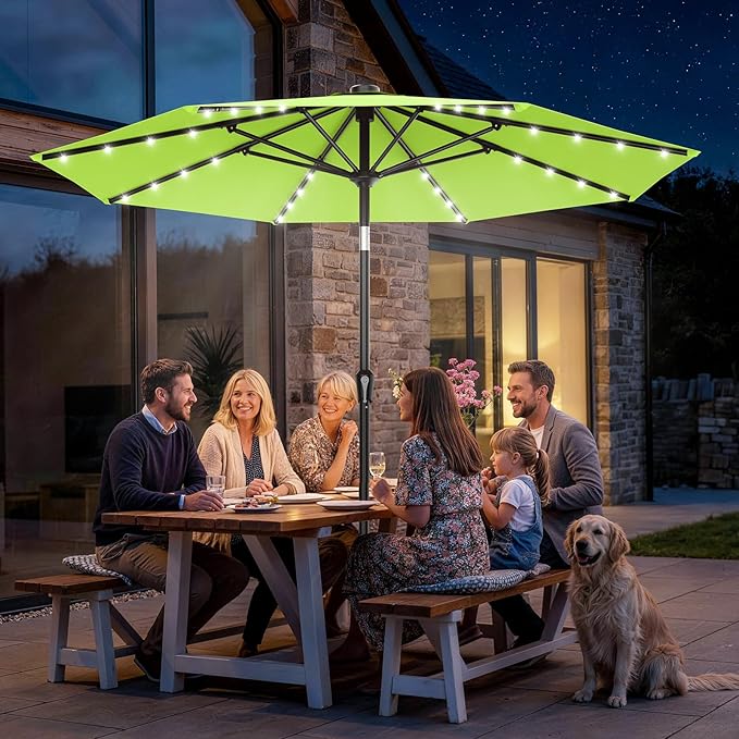 AreShark 9FT Patio Umbrella with Solar Lights, 32 Lighted Pool Umbrella w/Tilt and Crank, Outdoor Market Solar Umbrellas for Garden, Deck, Backyard, Pool and Beach, Apple Green