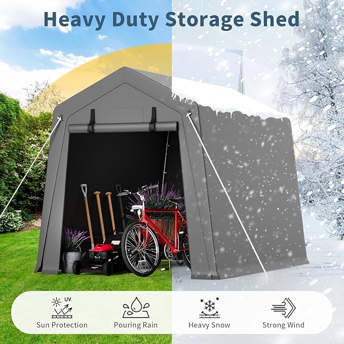 6'×8' Heavy Duty Portable Storage Shed Tent - Outdoor Shelter with Roll-Up Door, Waterproof Bike/ATV/Motorcycle Garage, All-Weather Shelter Tent