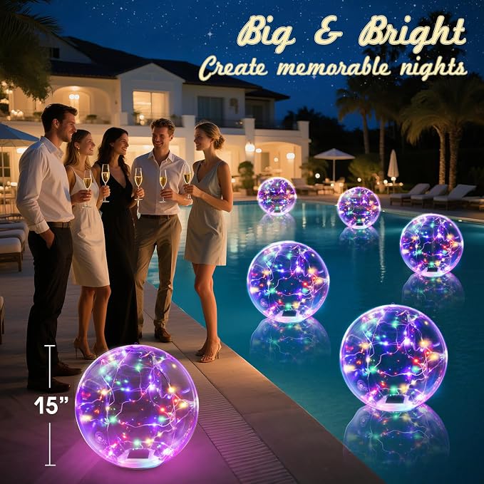 Askyli Floating Pool Lights, Colorful LED Solar Pool Lights that Float, IP68 Waterproof Light up Pool Balls, 15" Inflatable Floating Light for Pools Party Wedding Decor (4Piece)