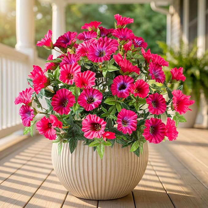 Rose Red Artificial Morning Glory Flowers for Outdoor Planters, Premium UV Resistant Silk Faux Flowers for Porch, Hanging Basket & Window Box, Summer Garden Decor, No Pot, 13.3 Inch, 4 Bundles