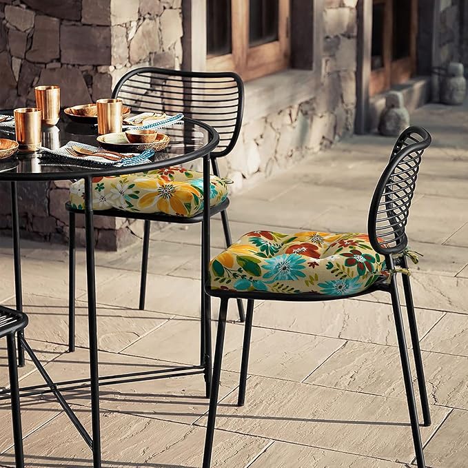 LVTXIII Outdoor/Indoor Tufted Seat Cushion, Decorative Wicker Chair Pads All Weather Seat Cushion Sets for Patio Garden Home Office Furniture, 19"x19"x4", Round Back, Pack of 2, Flower Multi