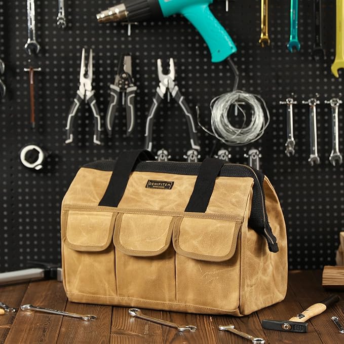 Tool Bag, 15-inch Heavy Duty Wide Mouth Water-Resistant Tool Pouch, Tool Tote with Handle for Tools, Wrenches, Screwdrivers (15 X 7.8 X 11.5 inch) | Khaki