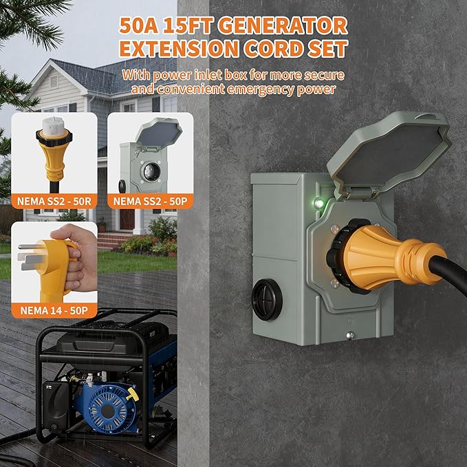 Garvee 50 Amp 15FT Generator Cord and Power Inlet Box Kit, NEMA 14-50P Male to SS2-50R STW 6/3+8/1 AWG 125/250V Twist Lock Connector with Pre-Drilled NEMA SS2-50P Inlet Box for House, ETL Listed