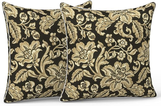 LVTXIII Outdoor Throw Pillows 20x20 Patio Waterproof Square Pillows with Piping Fade Resistant Accent Pillow for Spring Summer Garden Decoration, Set of 2, Jacobean Black