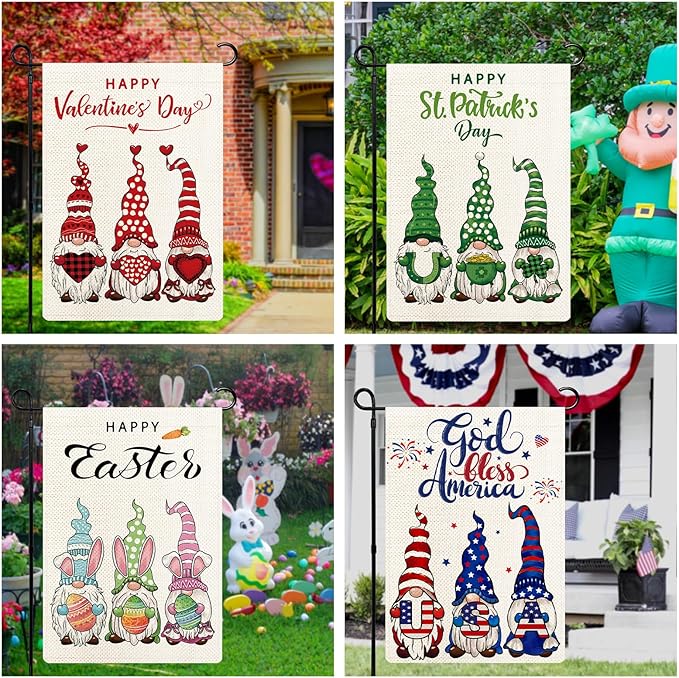 Gnomes Seasonal Garden Flags Set of 12, All Seasons and Holidays, Burlap, 12x18 inch, Double Sided, Fade Resistant, Outdoor Decor