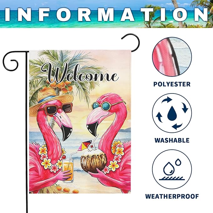 Welcome Garden Flag Flamingo Tropical Beach Scene Yard Flags Summer Coastal Island Double Sided Polyester Pink Flamingo House Banner for Lawn Pool Palm Tree Seaside Home Decor 12 x18 Inch