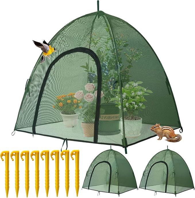 Plant Mesh Cover for Garden Protection - 37.5" x 37.5" x 27.5" Reusable Plant Tent Cage with Zipper & Stakes, Pest Guard Netting for Vegetables, Fruits, Flowers, Small Animals & Poultry 2PCS