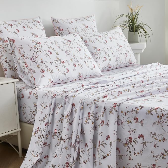 FADFAY Sheets Set Twin Rustic Pink Floral Botanical Bedding Set Luxury 100% Egyptian Cotton Bed Sheet Set Soft Breathable for All Season Bedoom Decor with 17.7 Deep Pocket Fitted Sheet, Twin Size