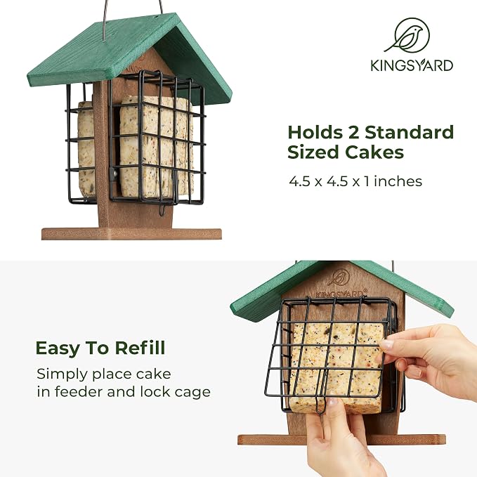 Kingsyard Double Suet Bird Feeder with Weatherproof Roof & Perch 2-Pack Heavy Duty Deck Hook