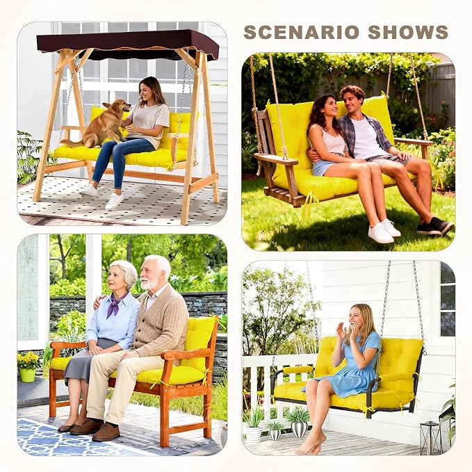 Porch Swing Cushion with Backrest, Waterproof Bench Cushion for Outdoor Furniture, 2-3 Seater Replacement Thickened Swing Cushion with Ties, Patio,Outdoor, Backyard and Garden (Yellow,47x40in)