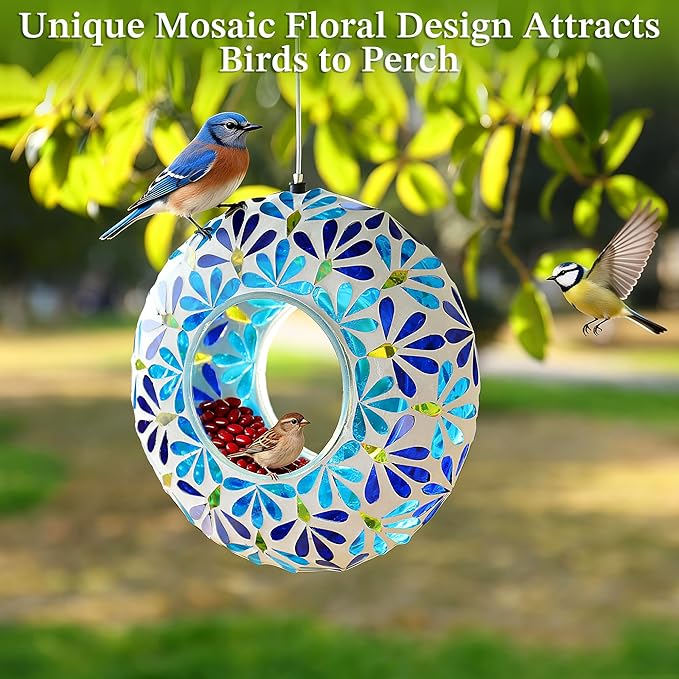SAVENNA Mosaic Glass Hanging Bird Feeder, 8 Inch Handcrafted Outdoor Feeder with Steel Wire Rope, Decorative Garden & Patio Feeder for Wild Birds, Blue Geometric Mosaic Design