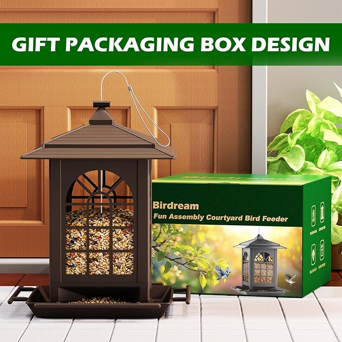 Birdream Bird Feeders for Outdoor Hanging, Assembly Required, 1-Min Easy Setup, Classic Courtyard Design, Attracting Cardinals Chickadees Goldfinches & Sparrows - Brown