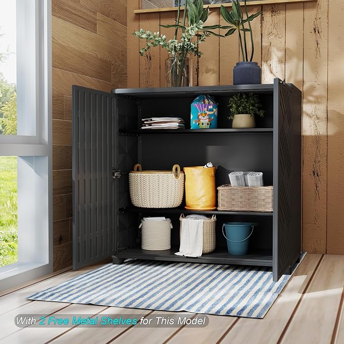 HOMSPARK Indoor/Outdoor Storage Cabinet with Doors and 2 Metal Shelves, 34”x15”x34” HDPE Plastic Storage Box for Patio, Garden, Enterway, Balcony, Multi-Purpose for Daily Tools, Black