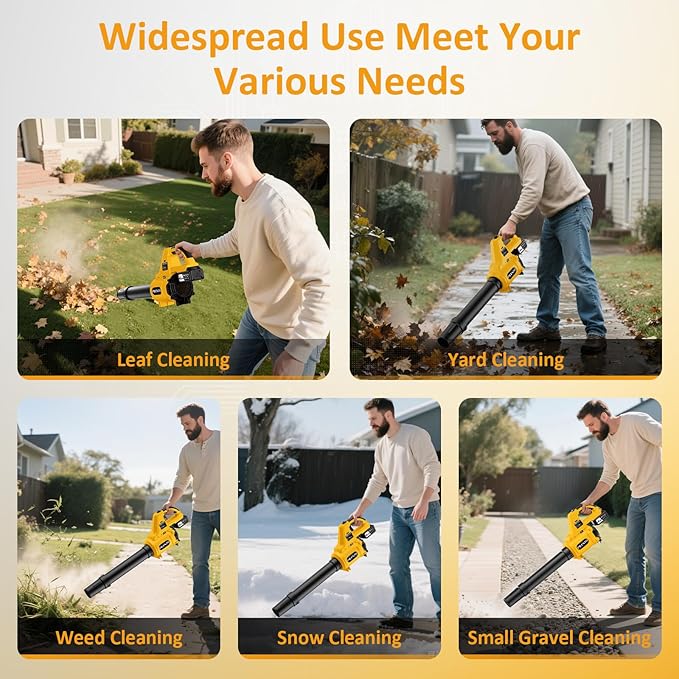 Leaf Blower Cordless with 2 4.0Ah Battery Operated and Fast Charger, 650CFM 280MPH Electric Leaf Blower, 3 Speed Mode, 20V Powered Handheld Blowers for Lawn Care, Blowing Leaves, Small Gravel, Yellow