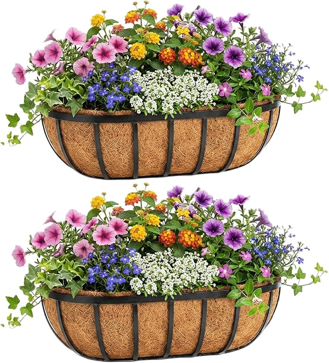 24 Inch Railing Planter Boxes 2 Pack Metal Window Box Planters with Coco Coir Liners, Horse Trough Planter with Adjustable Brackets for Deck Balcony Fence Porch Patio Outdoor Garden, Black