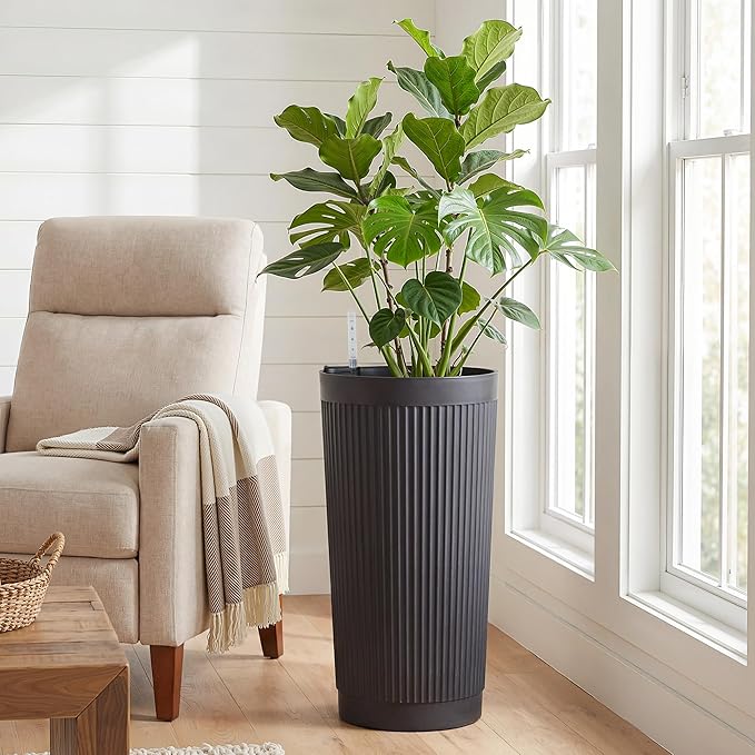 TUYOHW Self-Watering 24in Plastic Round Planter with Vertical Ribbed Design – Indoor Outdoor Flower Pot for Plants, Herbs, and Small Trees, Set of 2