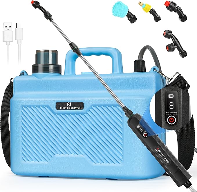 Battery Powered Sprayer 2 Gallon, 7.4V Powerful Electric Garden Sprayer, Rechargeable Weed Yard Lawn Sprayers with 4 Mist Nozzles, Retractable Wand, Adjustable Shoulder Strap