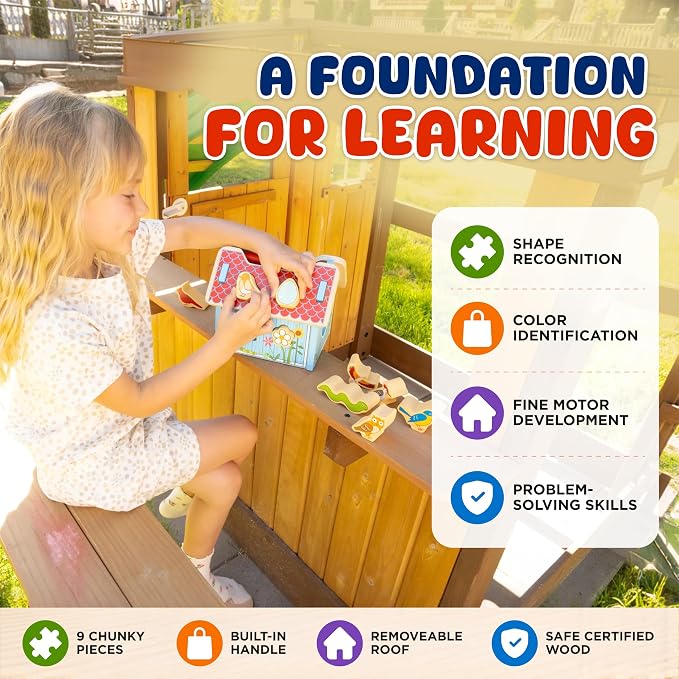 Jack Rabbit Creations Wooden Bird House Shape Sorter – Built-in Handle, Removable Roof – Non-Toxic, Certified Wood – Fine Motor Toddler Toy, Birthday Gift, Ages 18+ Months