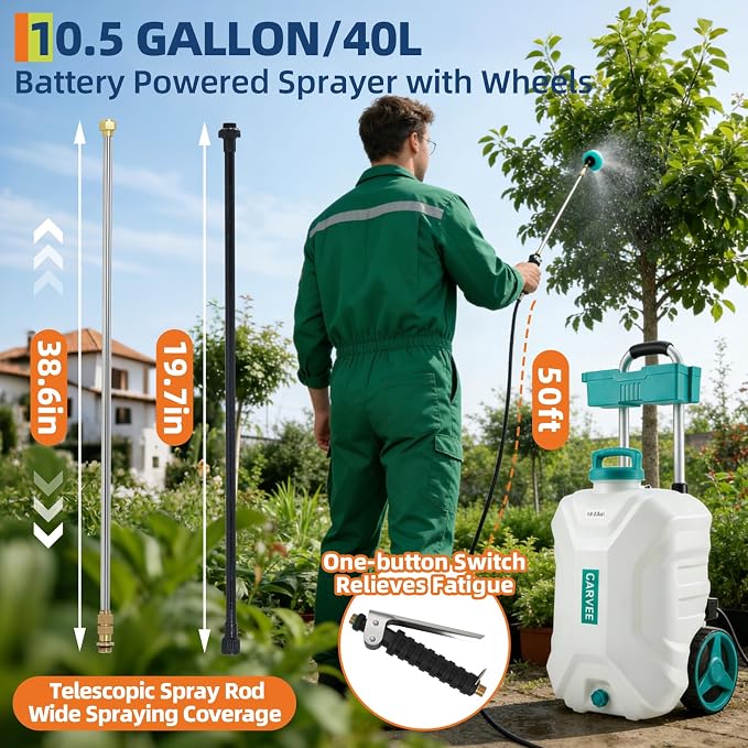 Garvee 10.5 Gallons Battery Powered Sprayer with Wheeled Cart, 18V 4Ah Electric Sprayer with 6 Nozzles & 2 Wands, 4-6 Hour Runtime, 80PSI Adjustable Pressure, Trigger Lock, Yard Sprayers for Lawn