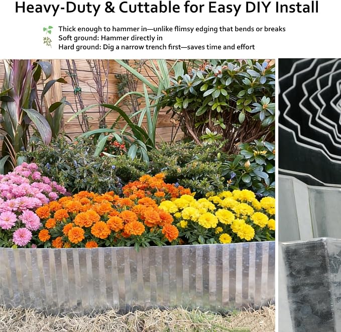 A ANLEOLIFE 20FT Galvanized Steel Landscape Edging Roll, 4" Tall Sturdy Flexible Corrugated Metal Lawn Border for Garden, Pathway & Flower Beds, Silver