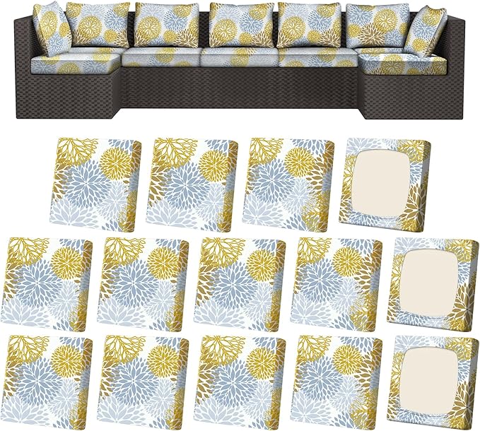 14Pcs Patio Stretch Cushion Covers, Outdoor Couch & Sofa Replacement Slipcovers for Patio Furniture Cushion Covers, Washable Reusable Furniture Protector, Square Large, Floral
