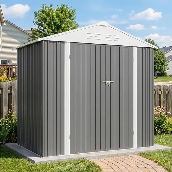 Greesum 6x4FT Outdoor Storage Shed with Base, Utility Tool Shed with Sloping Roof, Metal Storaged Garden Shed with Door & Lock for Patio Storage, Gray