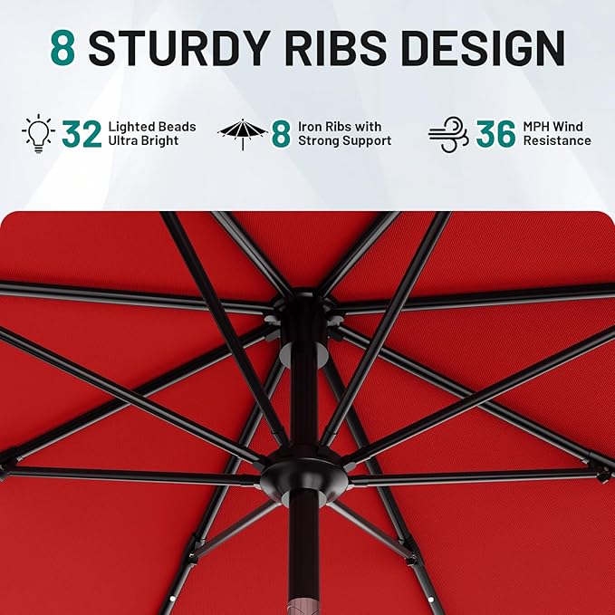 AreShark 11FT Large Patio Umbrella with Solar Lights, Lighted Solar Umbrella with Crank, Outdoor Table Market Umbrellas for Garden, Deck, Backyard, Pool and Beach, Red
