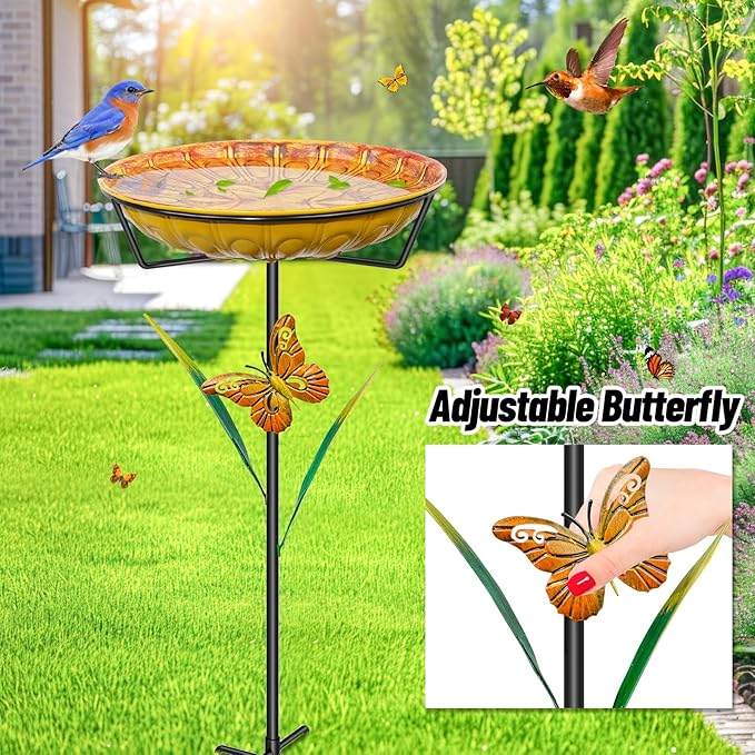 35In Metal Bird Bath for Outdoors, Easy to Clean Birdbaths with Removable Bowl Stable Upgrades Stake, Freestanding Bird Baths Feeder Bowl for Outdoors Garden Patio Yard Lawn Decor (Yellow)