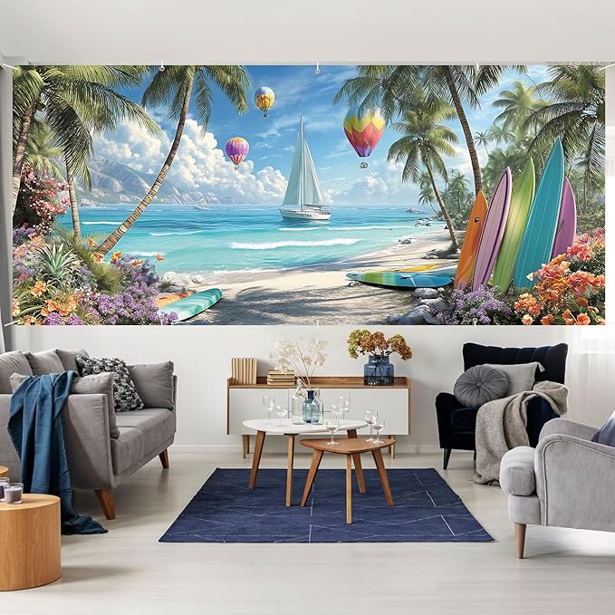 7 * 16FT Summer Hot Air Balloon Garage Door Cover Decorations Sunset Palm Trees Garage Door Banner for Outdoor Indoor Summer Party Photography Backdrop