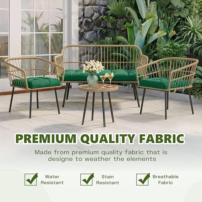 Wicker Chair Cushions Set, 2 U-Shaped Cushions & 1 Loveseat, Waterproof Outdoor Loveseat Cushion for Patio Furniture, Settee Bench Pad All Weather,Green